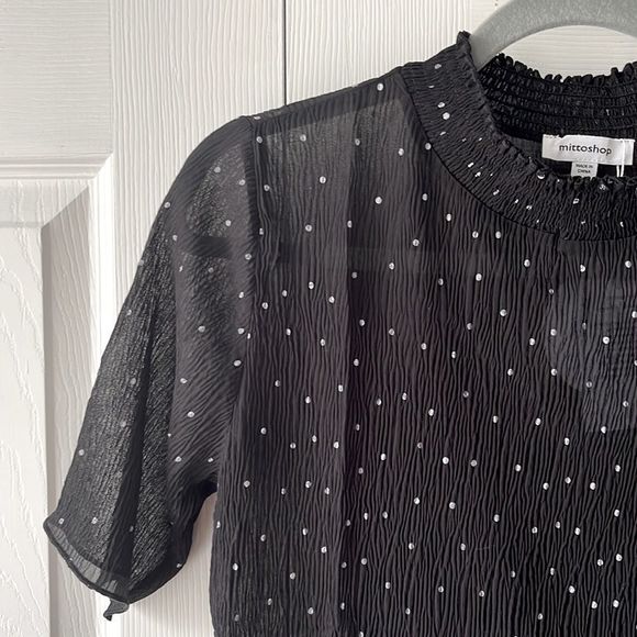 NWT Polka Dot Print Tailored Mock Neck Half Sleeve Top | Black & White | S M L - Picture 7 of 9